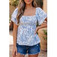 thumbnail image 5 of TinyCribz Sky Blue Floral Smocked Top for Women – Ruffled Short Sleeve Square Neck Summer Peplum Blouse XL, 5 of 9