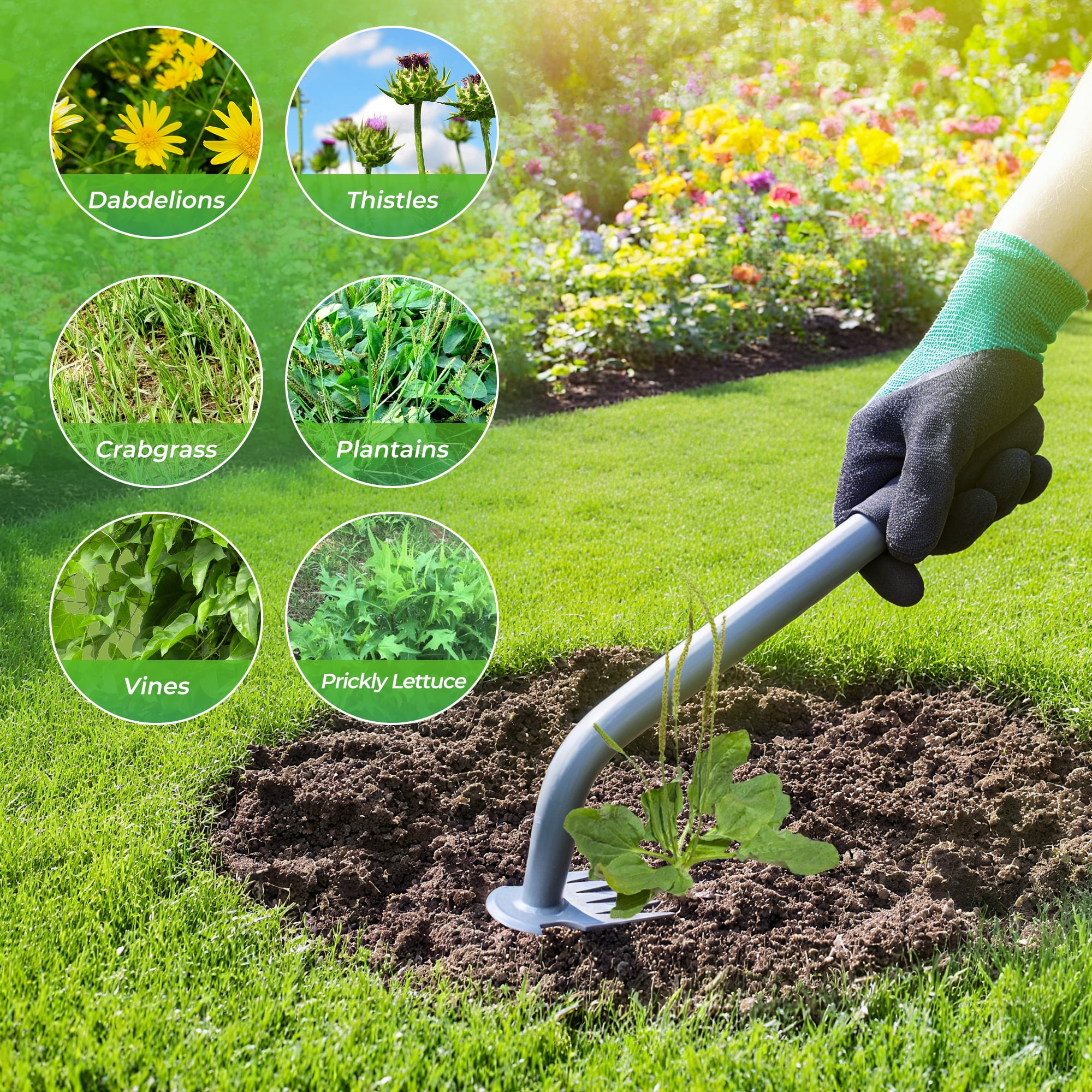 Walensee Weed Puller Tool with 5-Tine Manganese Steel & Rubber Handle for Vegetable Gardening, Backyard Planting & Uprooting Weeding