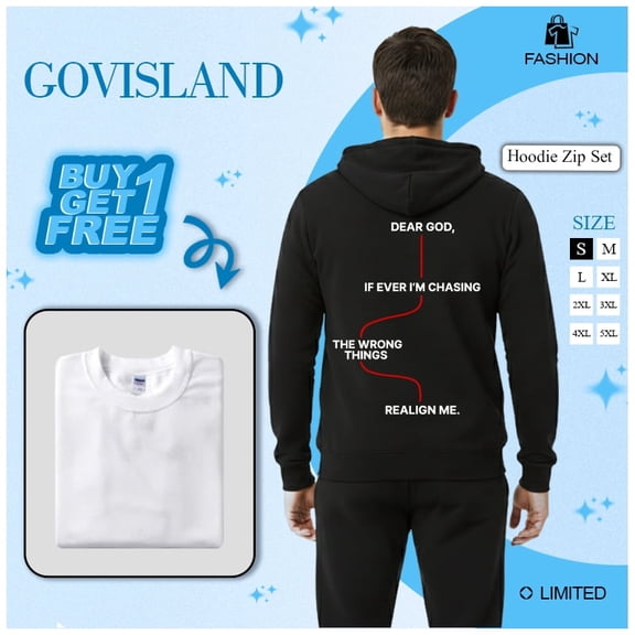 Dear God Realign Me Zip Up Hoodie and Jogger Sweatpants Set, Includes White T Shirt, Unisex Fleece Matching Tracksuit, Black