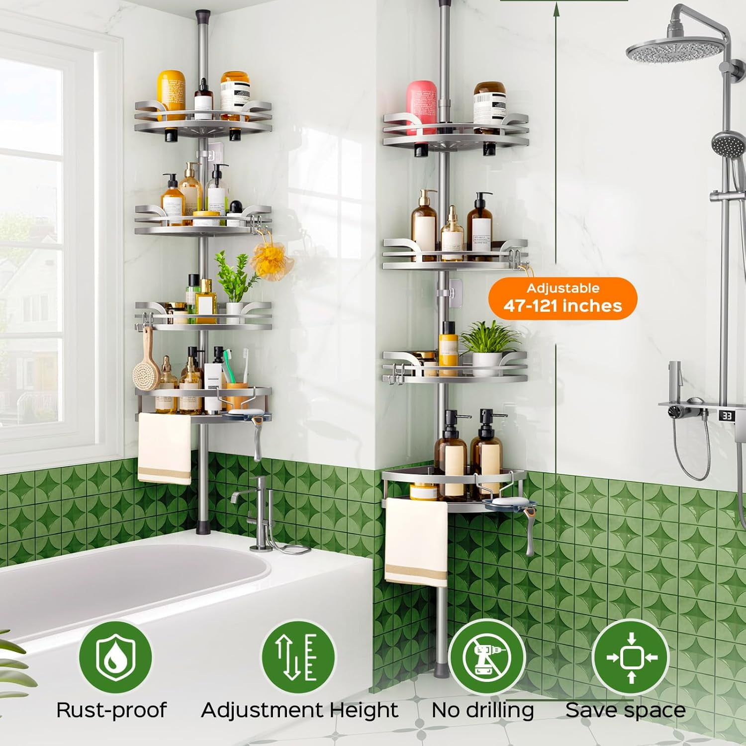 Shower Caddy Tension Pole：4-Tier Rustproof Bathroom Corner Shelf for Renters - 47-121inches Adjustable Bathtub Organizer with Soap Holder-large capacity rack for Shampoo Storage Home Accessory