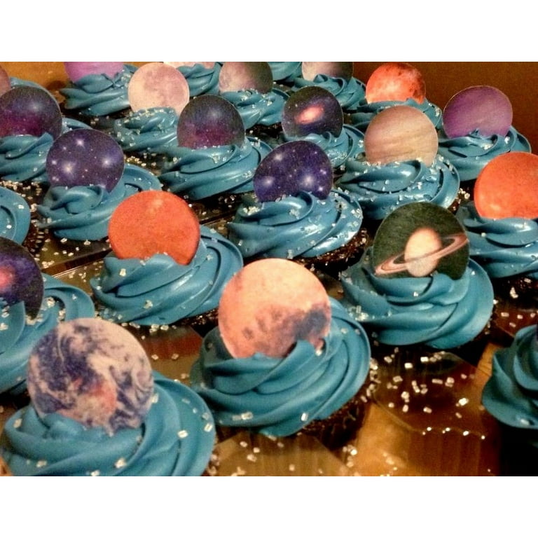 Dark blue and gold planets wafer paper outer space party cake decorations