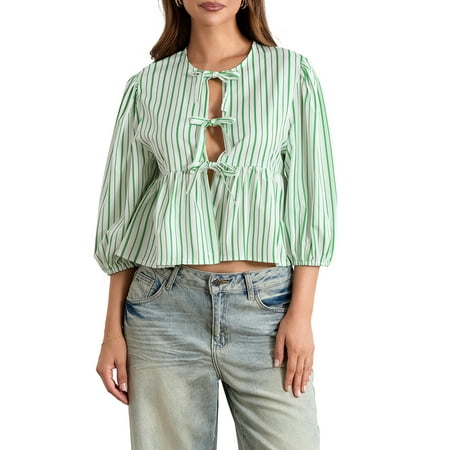 Kupretty Women Striped Babydoll Tops Open Front Tie-Up Half Sleeve Ruffled Blouse