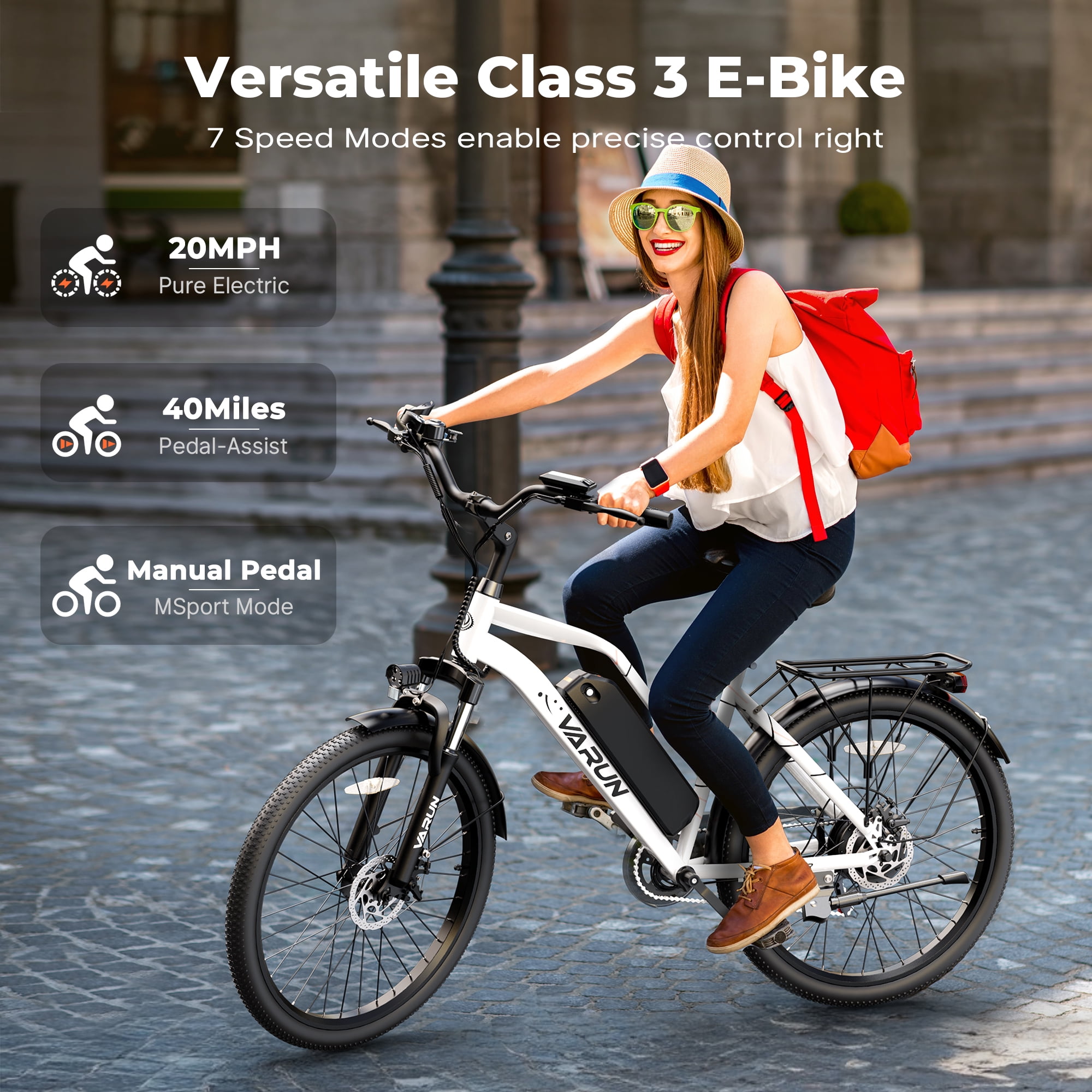 VARUN Electric Bike, 24" EBike with 750W Peak Motor, 48V 374.4Wh Removable Battery, 20+MPH, 7-Speed Gears, Includes Bike Pump, Phone Holder & Bike Lock - Commuter E-Bike for Men & Women, UL2849