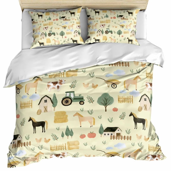 Cartoon Farmhouse Bedding 3 Piece Duvet Cover Set Twin Size, Cute Watercolor Cabin Animals Trees Yellow Microfiber Comforter Cover with Zipper Closure & Pillowcases, FadeResistant Quilt Cover