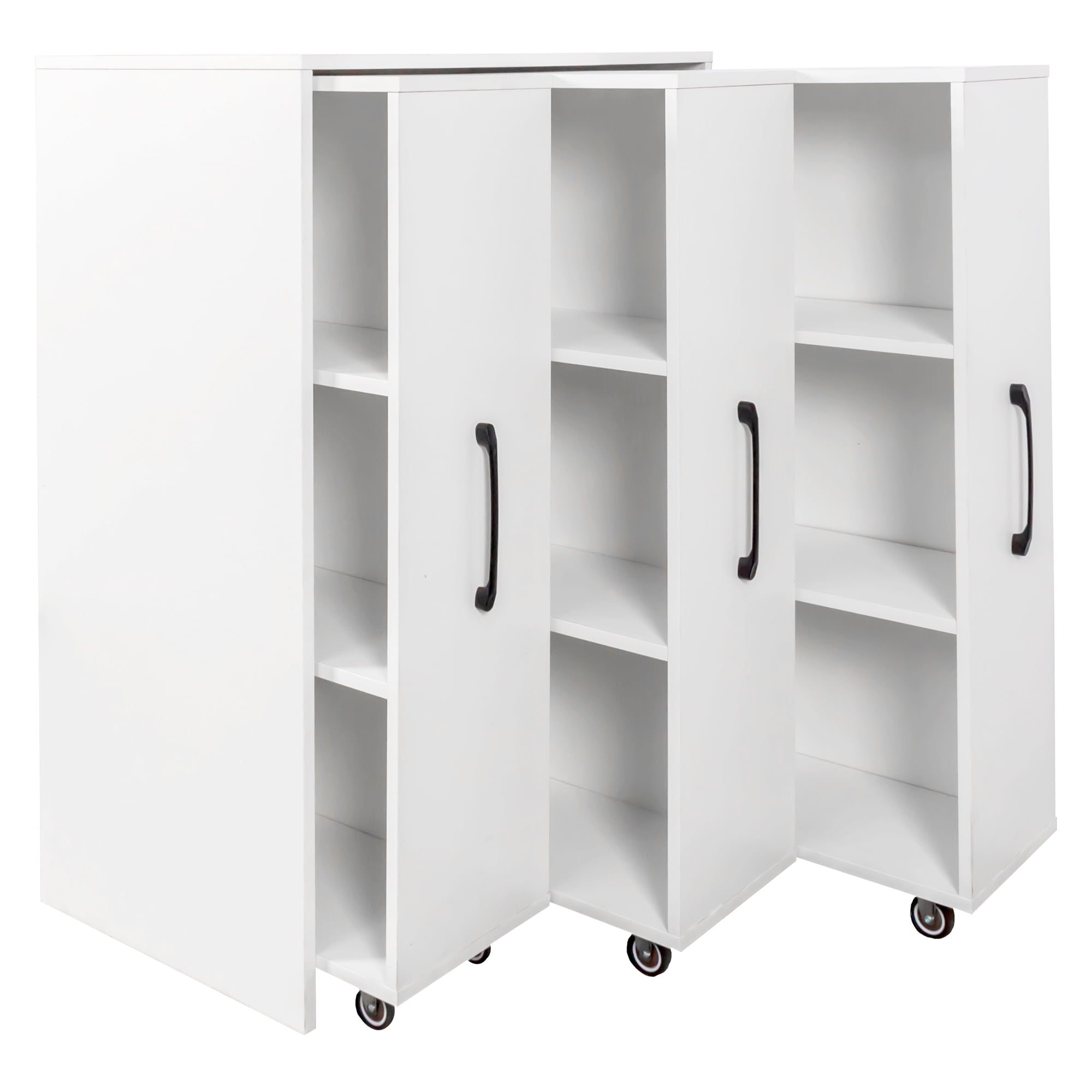 Bookcase 3-Tier Pull-Out Door Storage Cabinet with Wheels for Office Bedroom, White
