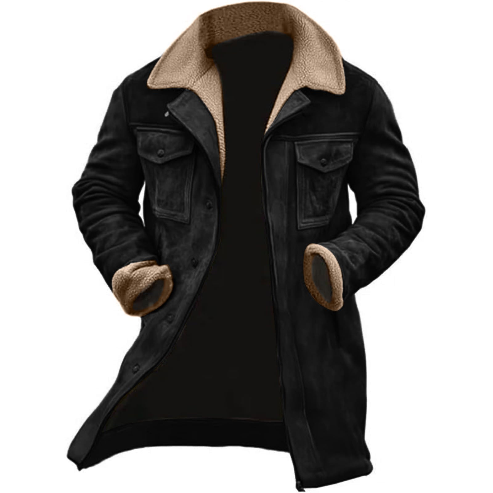 Western Jackets for Men Vintage Cowboy Suede Jacket Plush Collar Coats Faux Leather Zip Up Casual Retro Winter Tops Black S