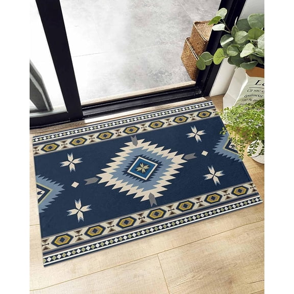 Shag Bath Rugs Aztec Boho Ethnic Retro Pattern Navy Blue Plush Soft Fluffy Doormat Floor Carpet,Non-Slip Living Room Bedroom Kitchen Entryway Door Mats Tribal Totem