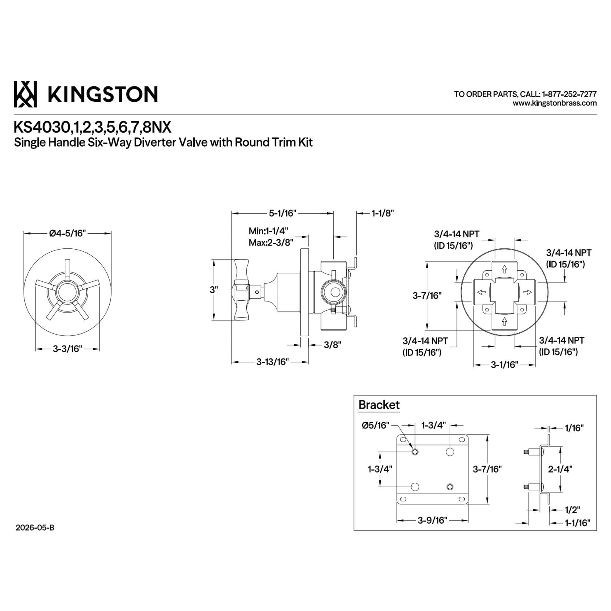Kingston Brass KS4031NX Hamilton Single-Handle Six-Way Diverter Valve with Round Trim Kit in Polished Chrome