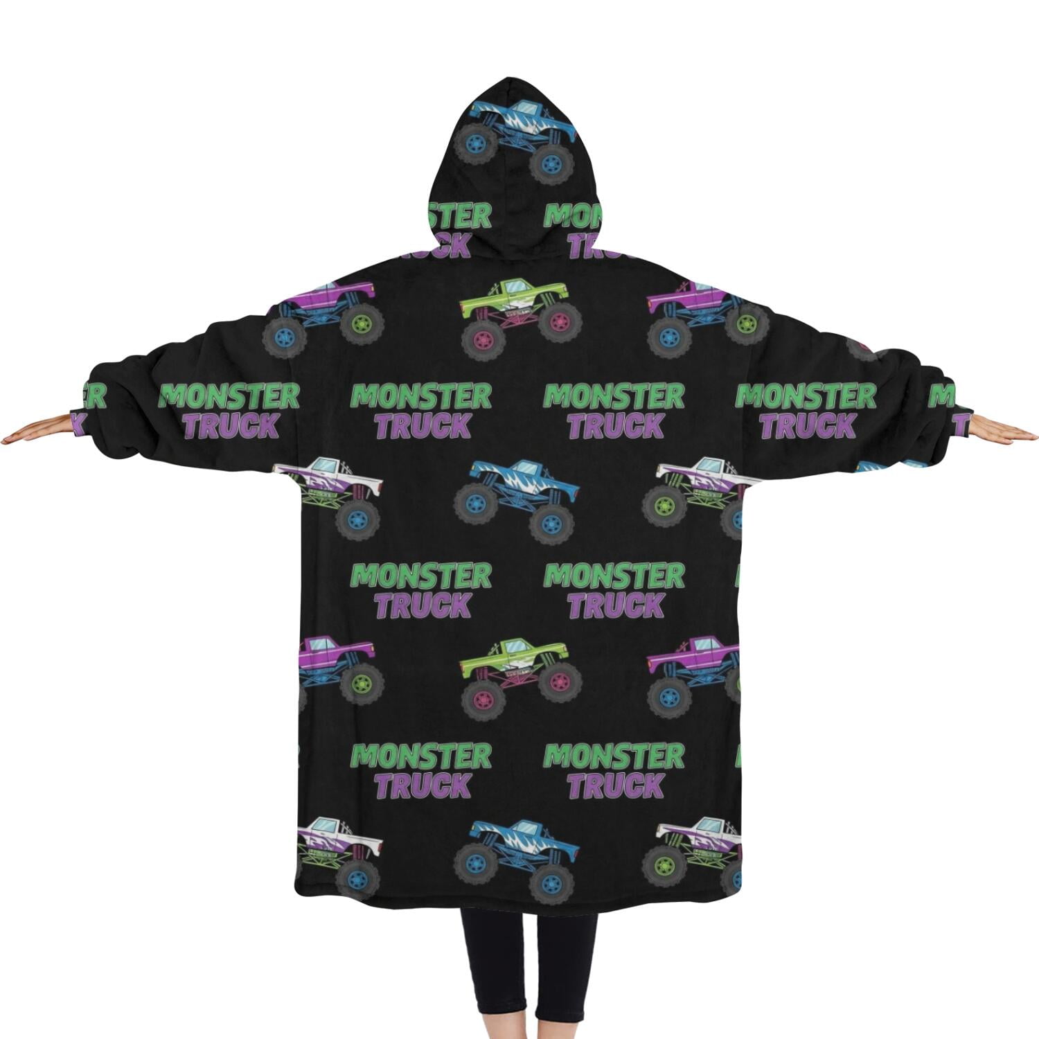 Oversized Wearable Blanket Hoodie,Black Monster Cartoon Trucks Pattern Sherpa Blanket Hoodie with Super Pockets,Super Warm Fuzzy Pullover for Women & Men