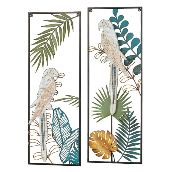 Parrot Gardens Tropical Metal Wall Art Panel Set of Two in Handpainted Green, Teal, & Gold