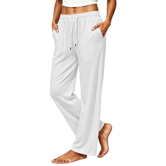 vdgthytj Athletic Pants for Women Drawstring Elastic Waist Wide Leg Loose Running Casual Trousers with Pockets(X-Large,White)