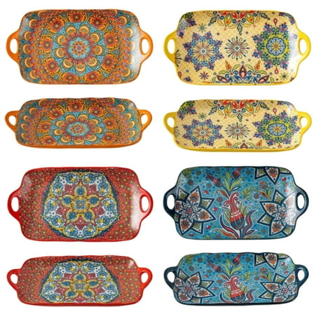 TAUFIKT Boho Ceramic Dinner Plate Set of 4, 12-inch Multi-colored Large Plates with Handles