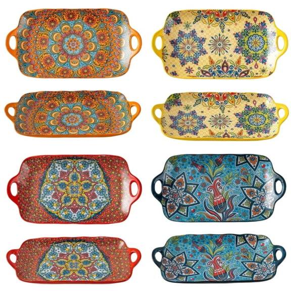 TAUFIKT Boho Ceramic Dinner Plate Set of 4, 12-inch Multi-colored Large Plates with Handles