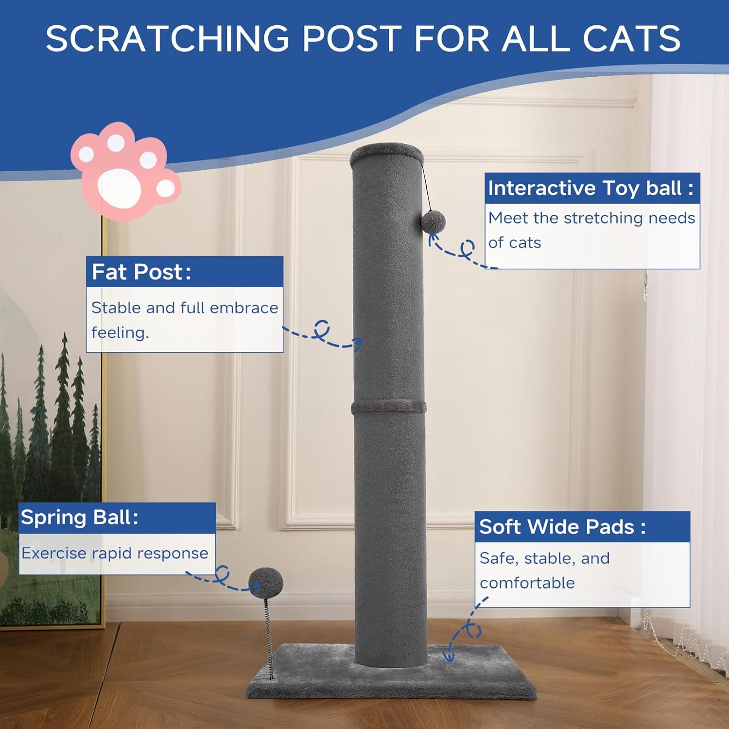 Cat Craft 41.73 ” Tall Gray Faux Fur Large Cat Scratching Post with Replaceable Toys and Sturdy Base