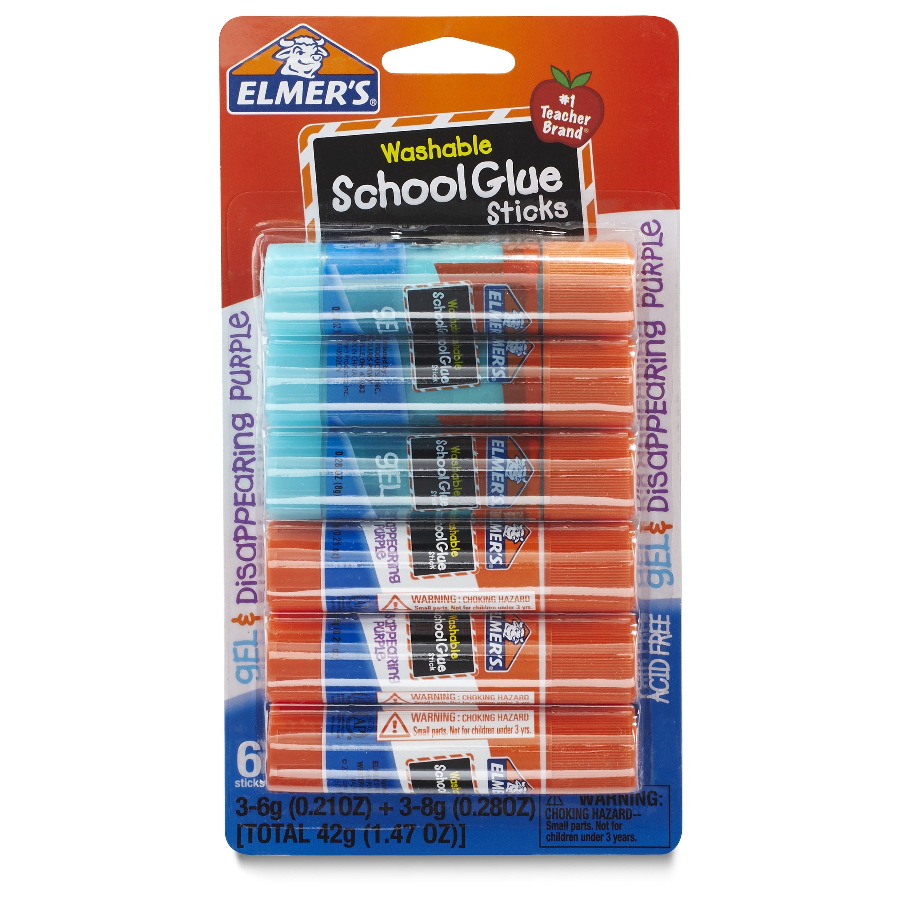Elmer's Washable School Glue Sticks, Gel and Disappearing Purple, 0.21 Ounce, 6 Count