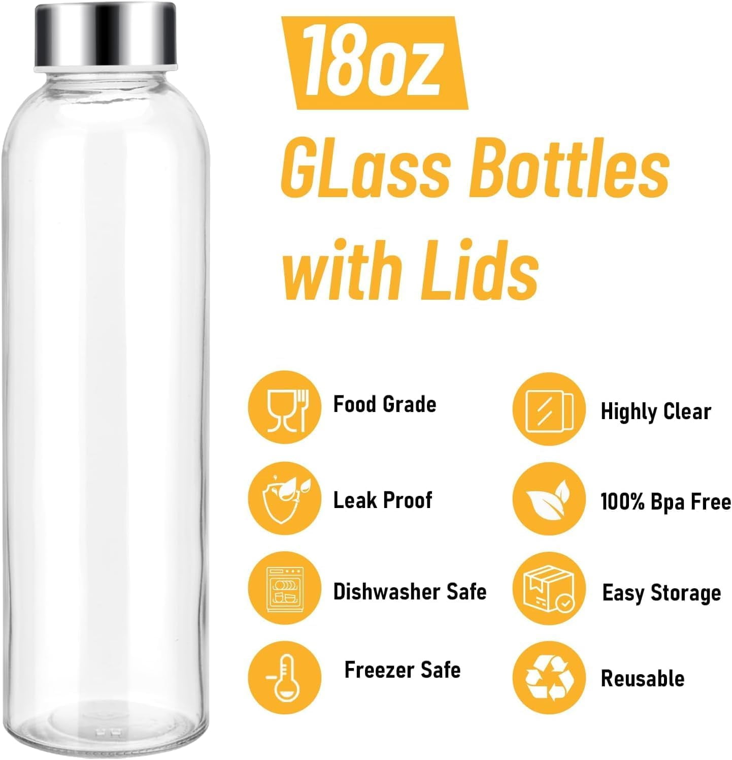 18oz Glass Juice Bottles with Lids Set of 6,Clear Glass Water Bottles,Reusable Drinking Bottles with Stainless Steel Airtight Cap,Storage Containers for Refrigerator-BPA Free,Leak Proof