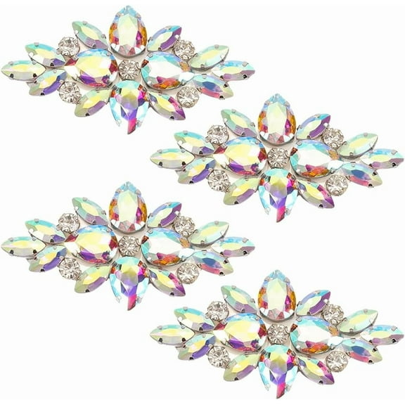 4 Pcs Flower Rhinestone Applique 3.39x1.65" Iron on Rhinestone Patch AB Color Sew on Crystal Appliques Floral Wedding Hotfix Rhinestone Patches