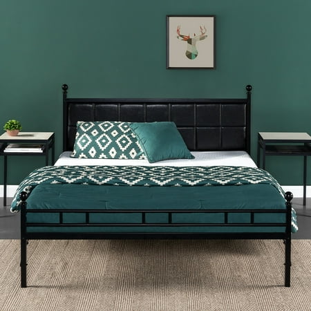 Faux Leather Metal - Zinus Sumit Metal Platform Bed with Faux Leather Square Stitched Upholstered Headboard, Multiple Sizes