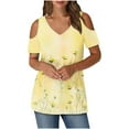thumbnail image 2 of Shirts for Women Short Sleeved V-Neck Off Shoulder Printing Top Yellow M, 2 of 6