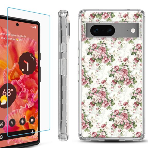 OneToughShield ® for Google Pixel 7a Shockproof Bumper Phone Case, with Tempered Glass Screen Protector - Floral/Rose