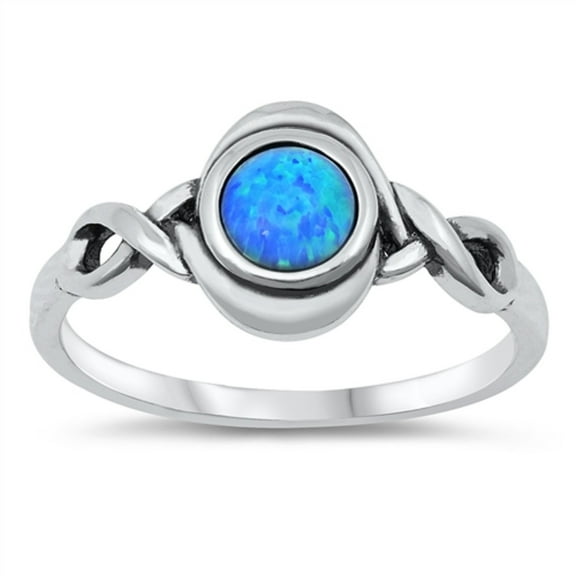 Blue Simulated Opal Center Braided Sides Ring Sterling Silver Size 6
