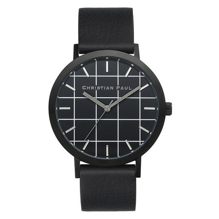GR-01 Men's The Strand Grid White Accent Black Dial Black Leather Strap Watch
