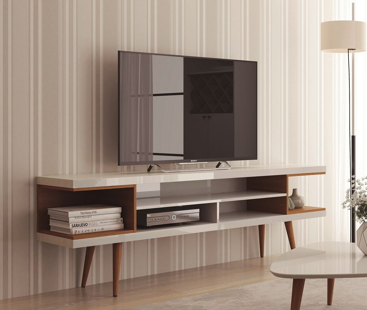 Utopia 70.47″ TV Stand with Splayed Wooden Legs and 4 Shelves Sansujyuku sansujyuku.com