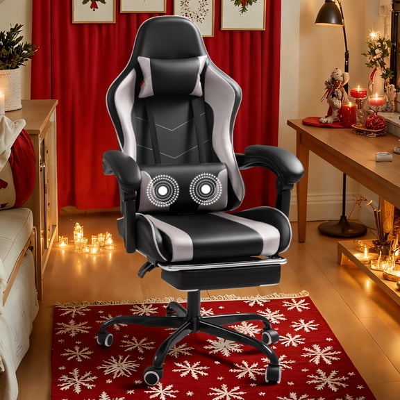 Homall PU Leather Gaming Chair Massage Ergonomic Gamer Chair Height Adjustable Computer Chair with Footrest & Lumbar Support, White
