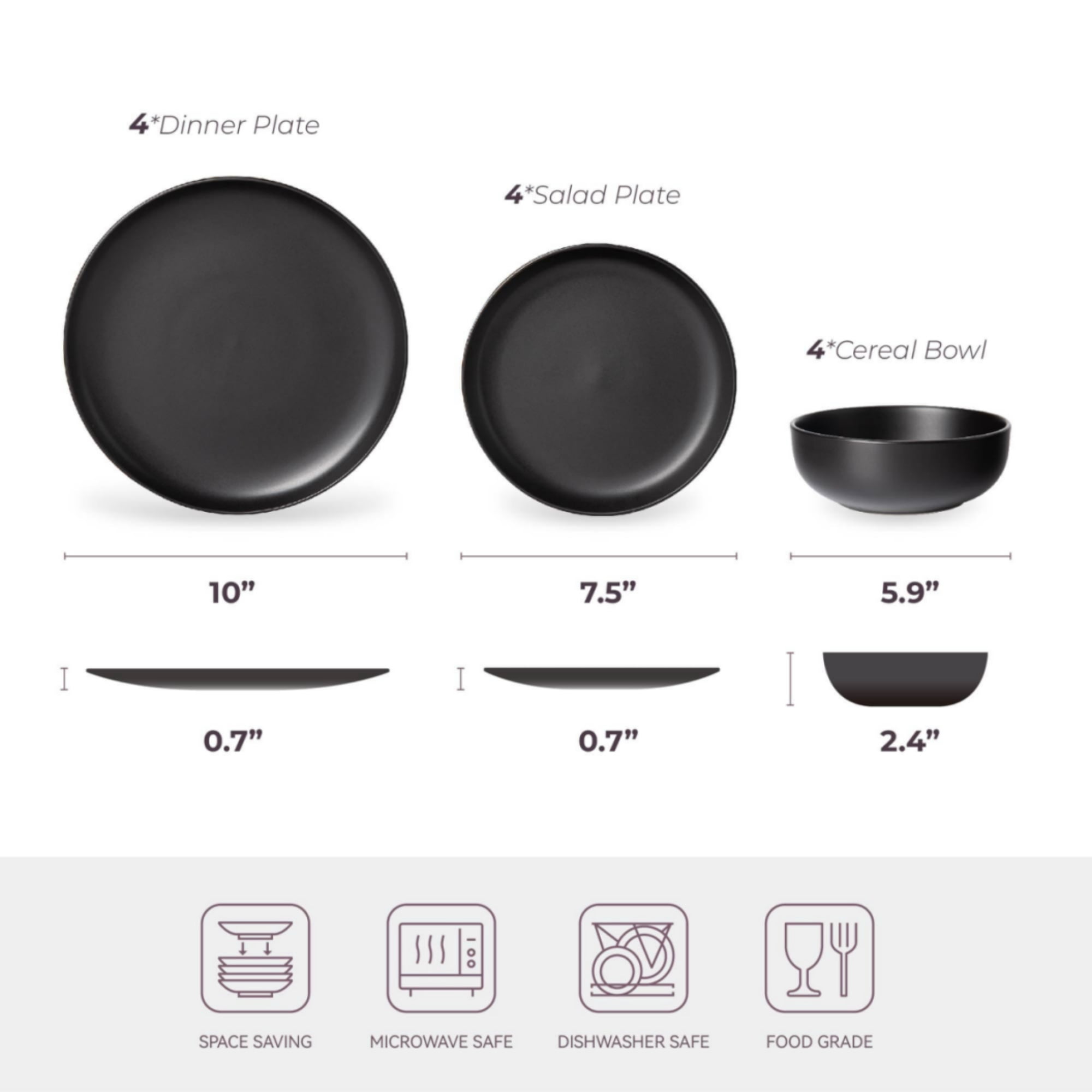 GARITIN 12-Piece Stoneware Dinner Plates Salad Plates Cereal Bowls Set, Microwave Dishwasher Safe Chip Resistant Stackable Matte Glaze Kitchenware Service for 4 Family Dining, Black