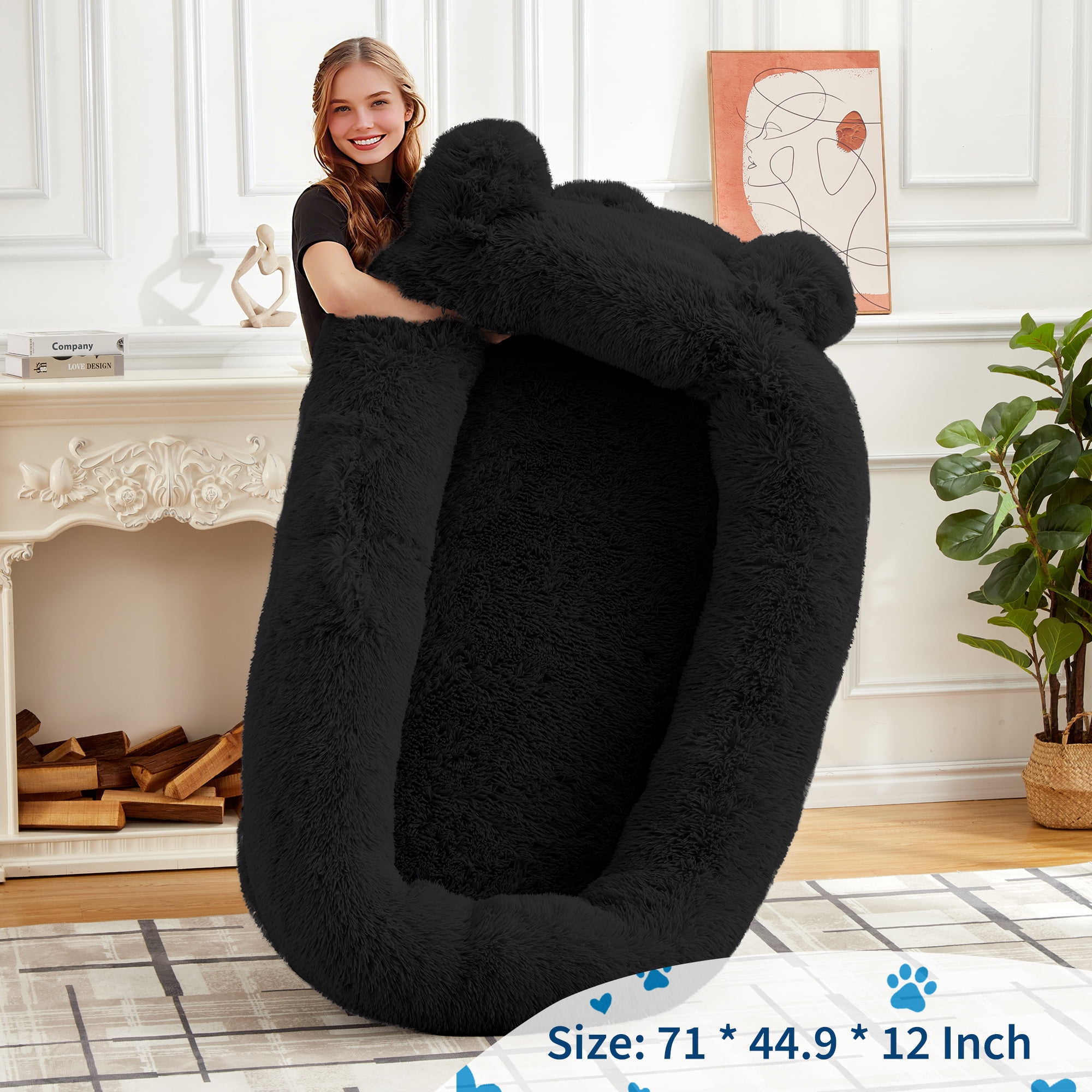 Human Dog Bed for Adults, Human Size Dog Bed Fits You and Pets, Washable Faux Fur Napping Orthopedic Dog Bed with Blanket & 2 Side Pockets, Black