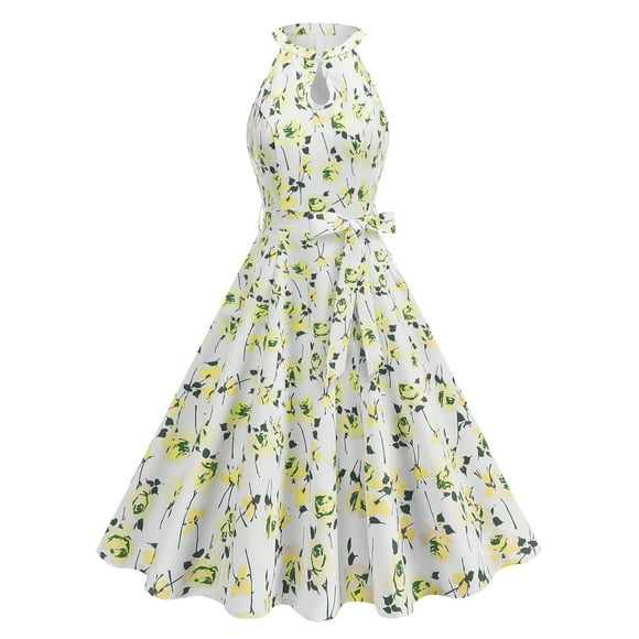 RXMEKW Printed Sleeveless Dress for Women, Flowy A-Line Silhouette with Allover Floral Pattern, Guest Dress for Wedding Party and Summer Events