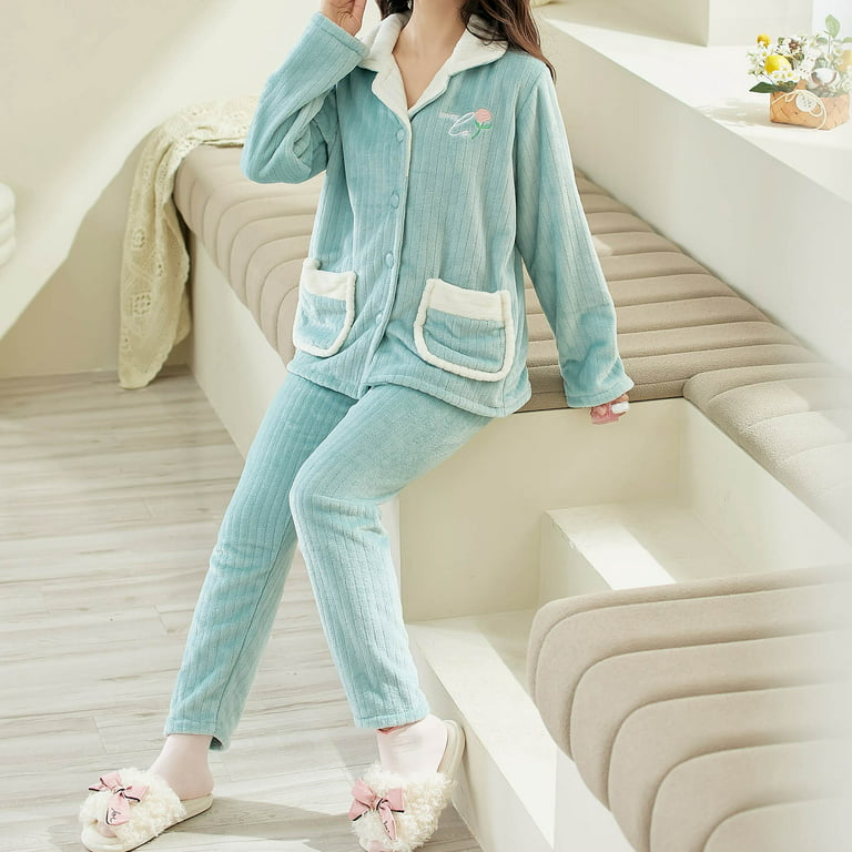 Women's Coral Fleece Pajamas Sets Flannel Sleepwear Soft Comfy Pajamas Set  Warm Loungewear 2 Piece Pjs Set with Pockets Womens Clothes 