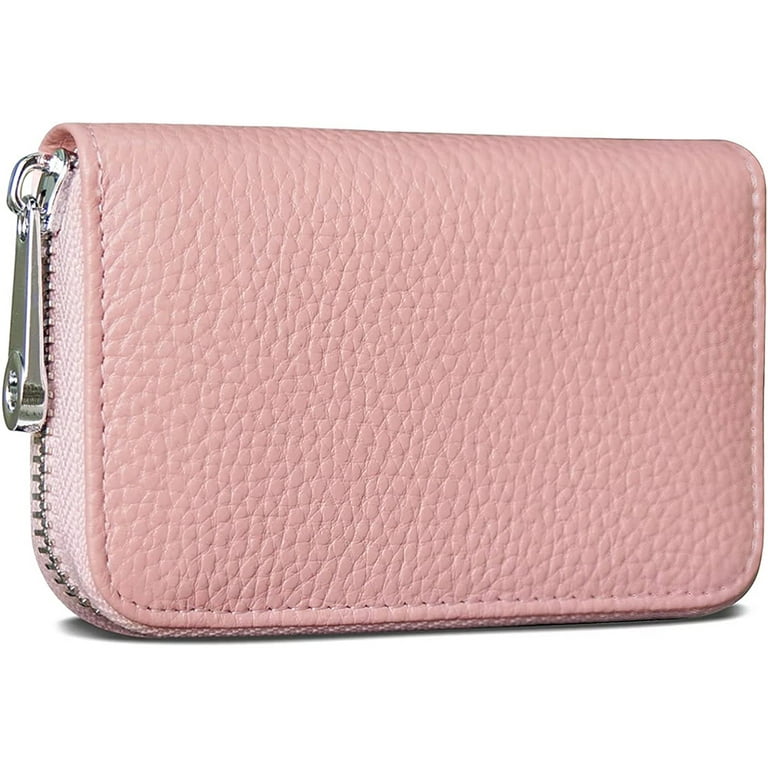 Wikavanli Women Slim Rfid Blocking Credit Card Case Holder Wristlet Zip ID  Case Wallet Small Compact Leather Wallet Coin Purse with Keychain (Pink)