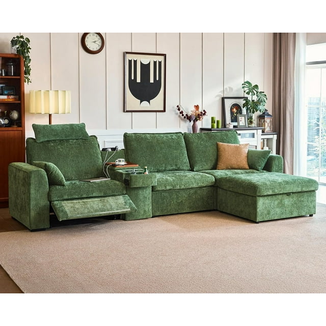 BEDEEP 139'' Power Recliner Sofa with Headrest Console, Moduar Cloud Sectional Chenille Reclining Couch with Storage Ottoman Chaise, Convertible 4-Seater Sofa Couch for Living Room RV, Green