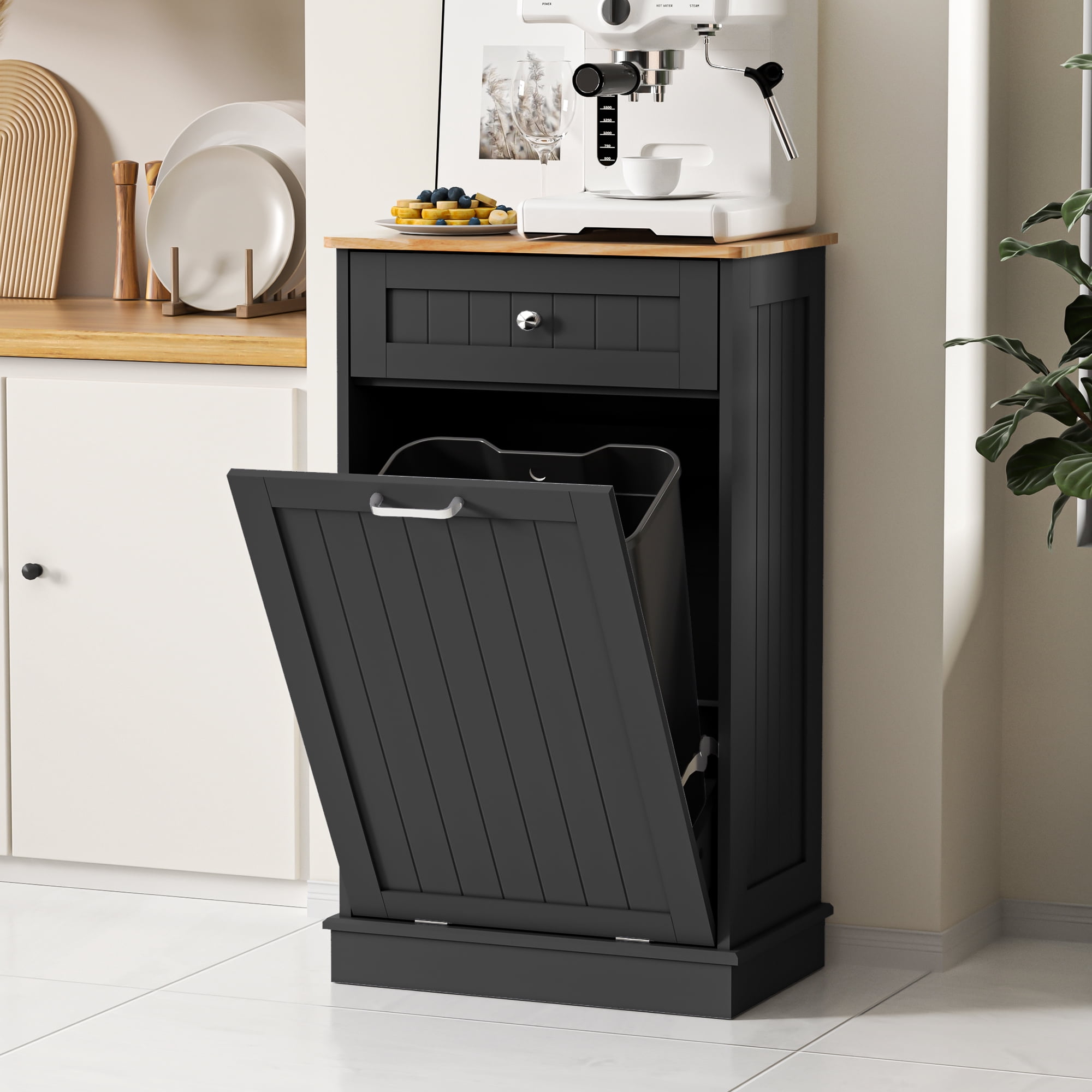 HARIPUL Single Tilt Out Trash Cabinet for 13 Gallon Waste Bin, Free Standing Kitchen Trash Can Cabinet with Drawers, Black