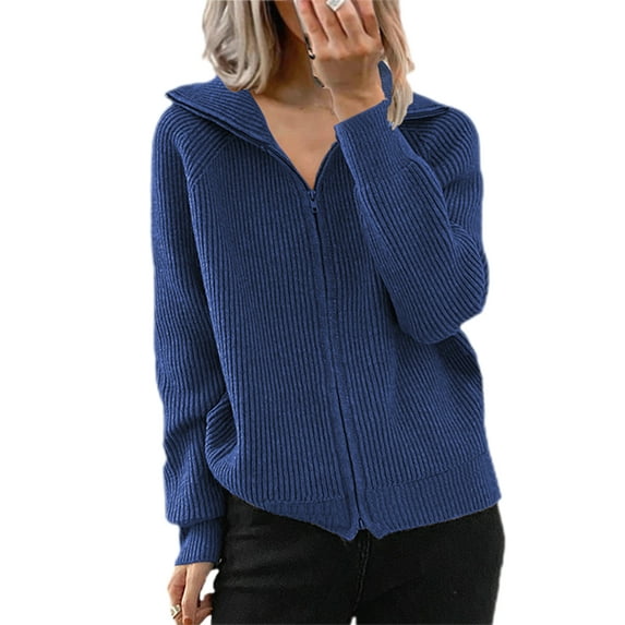 Noilla Womens Cardigan Sweater Lapel Neck Zip Up Cozy Jacket Full Zip Winter Warm Knitwear Blue L