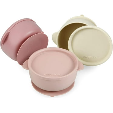 PandaEar 3 Pack Baby Bowls with Suction| Leak-Proof Stay Put Silicone Food Bowl with Lids for Babies Kids Toddlers Infants| Food Grade Soft Safe BPA-Free Silicone (Pink Rose Linen)