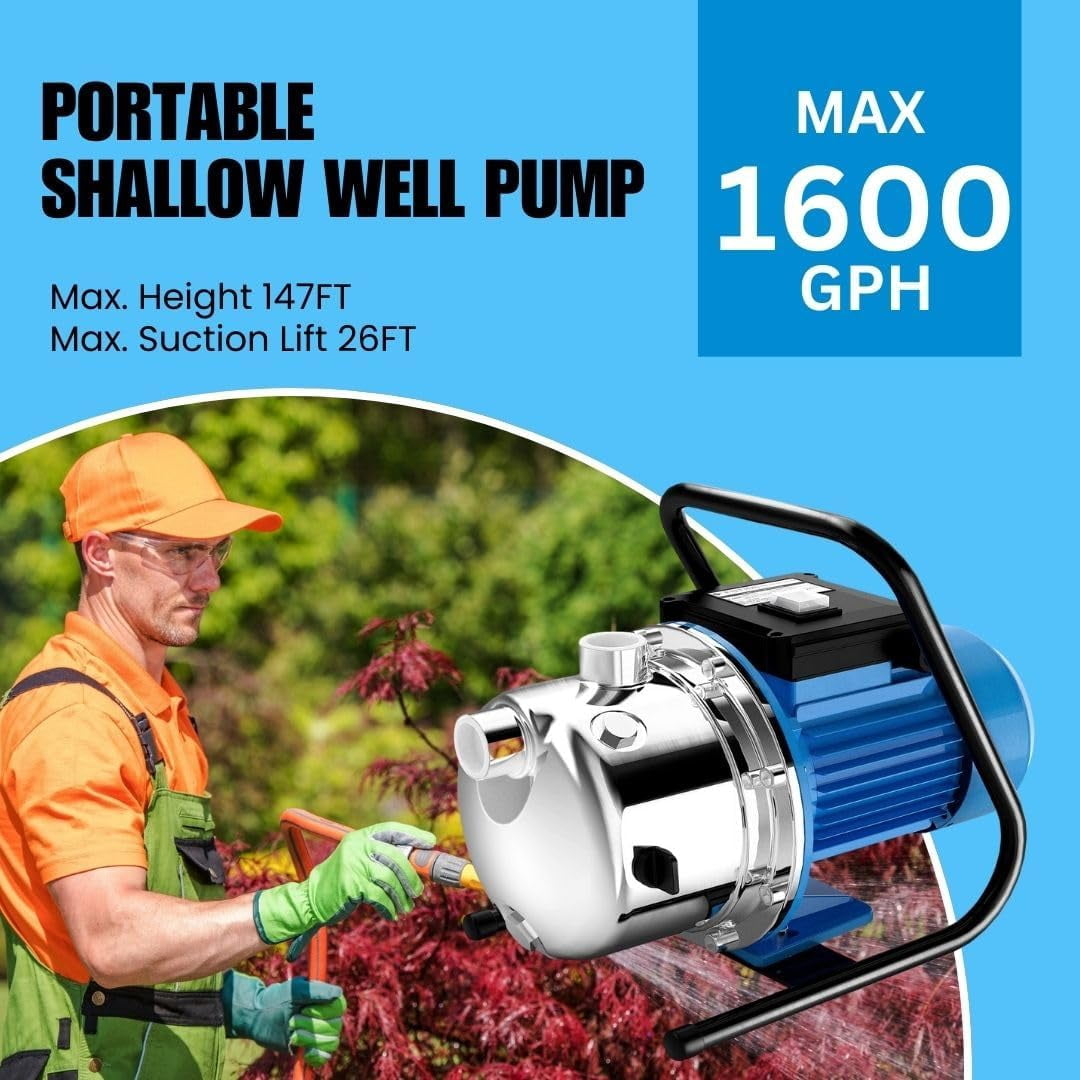 FOTING 1.6HP Shallow Well Pump, 1600GPH 115V Portable Garden Pump, Jet Pumps 147FT, Stainless Steel Water Transfer Household Draining Irrigation Pumps for Garden Lawn Farm