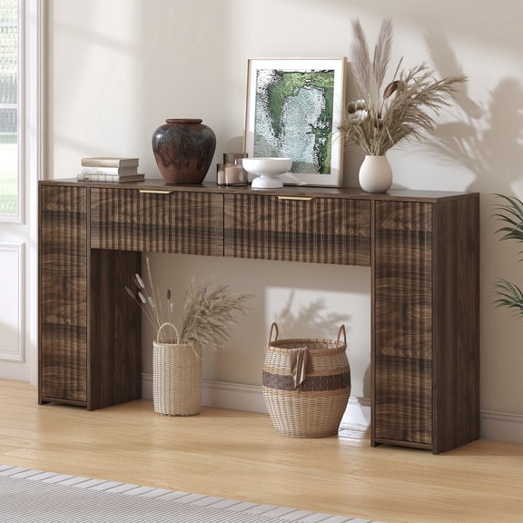 Frmobepts 63-Inch Wooden Foyer Table with with 2 Hidden Drawers and Side Cabients, Farmhouse Console Table for Living Room, Hallway, Entrance, Easy Assembly, Brown