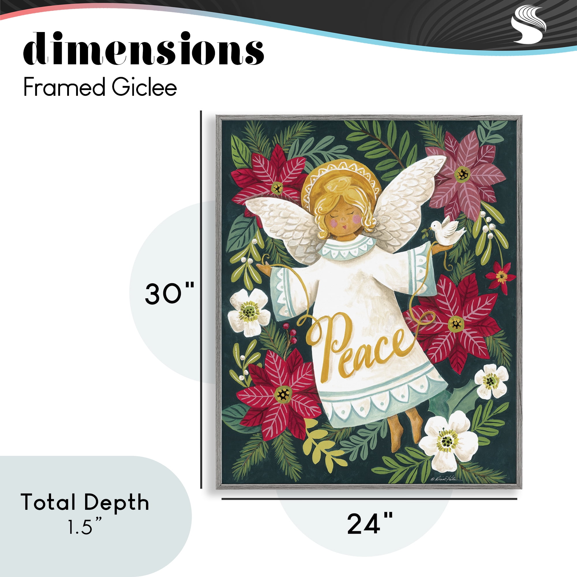 Angel with Peace & Botanicals Gray Framed Giclee Art, design by Diane Kater