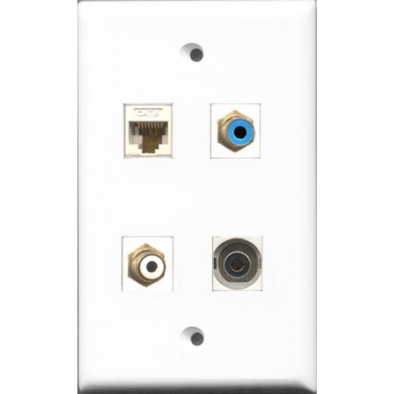 RiteAV 1 Port RCA White and 1 Port RCA Blue and 1 Port 3.5mm and 1 Port Cat6 Ethernet White Wall Plate