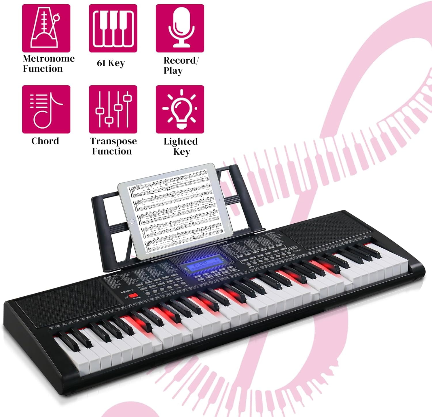 GLARRY 61-Key Portable Electronic Piano Keyboard for Beginner w/Lighted Keys, LCD Screen, Microphone, Headphones, 3 Teaching Modes, Built-In Speakers
