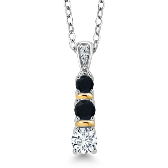 Gem Stone King 925 Silver and 10K Yellow Gold Round White Lab Grown Diamond and Black Onyx Pendant Necklace for Women (0.50 Cttw, Gemstone April Birthstone, with 18 inch Chain)