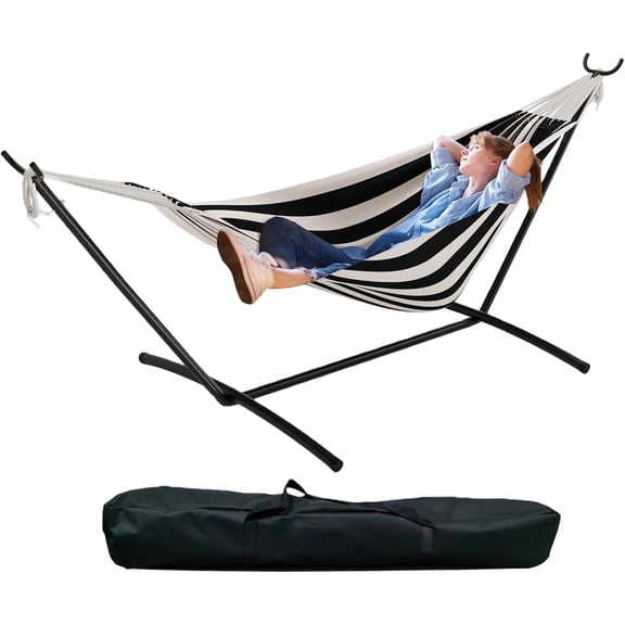 Double Hammock with Stand - Heavy Duty 450lbs Capacity, Portable Cotton Hammock for Two Adults, Indoor & Outdoor Use with Travel Bag, Black&White Stripe Pattern