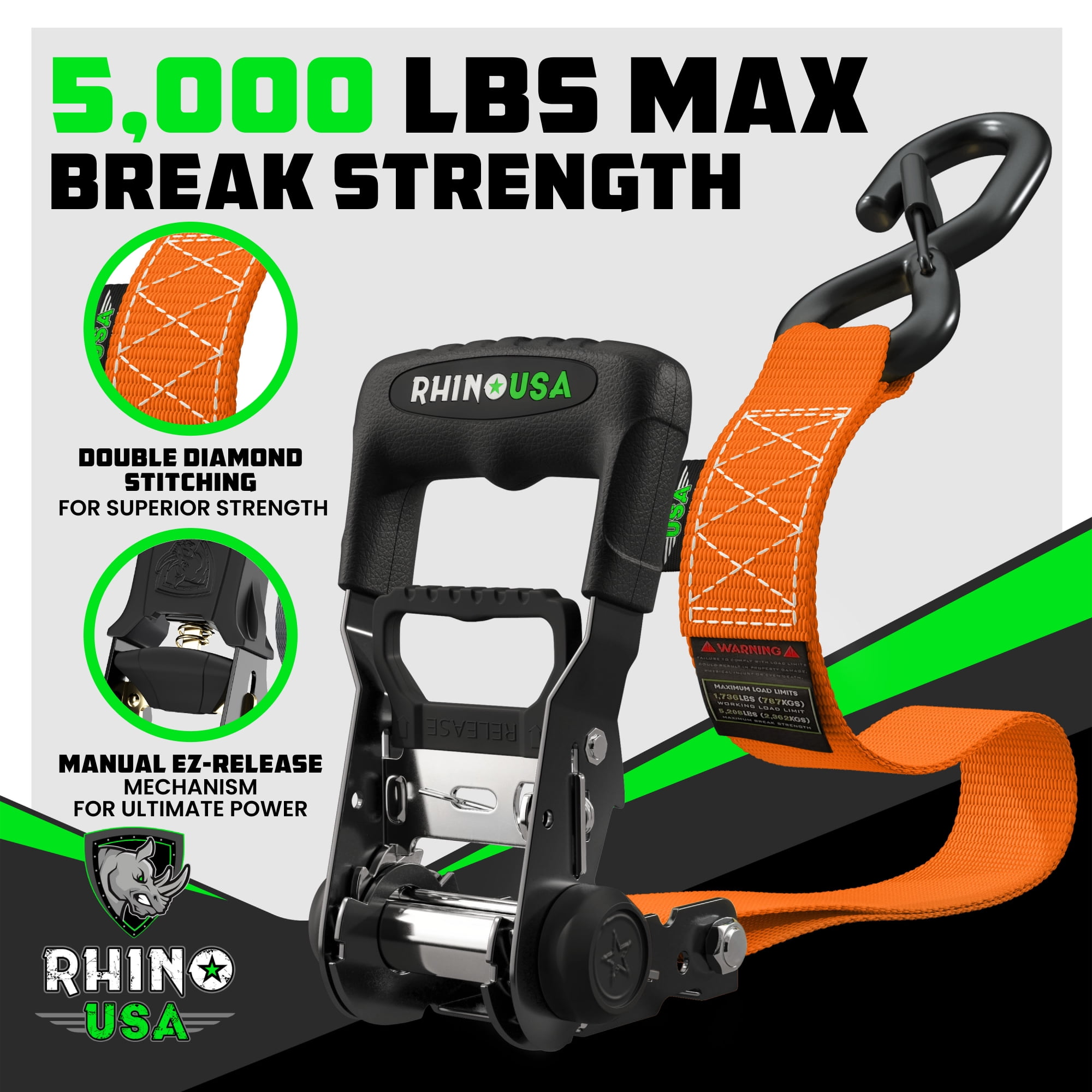 Rhino USA 1.6" x 8' Heavy Duty Ratchet Tie-Down Set with S Hooks - 5,208lb Break Strength (Orange 2pc)