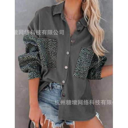 

GirarYou Women s Long Sleeve Button Down Leopard Contrast Loose Denim Jackets