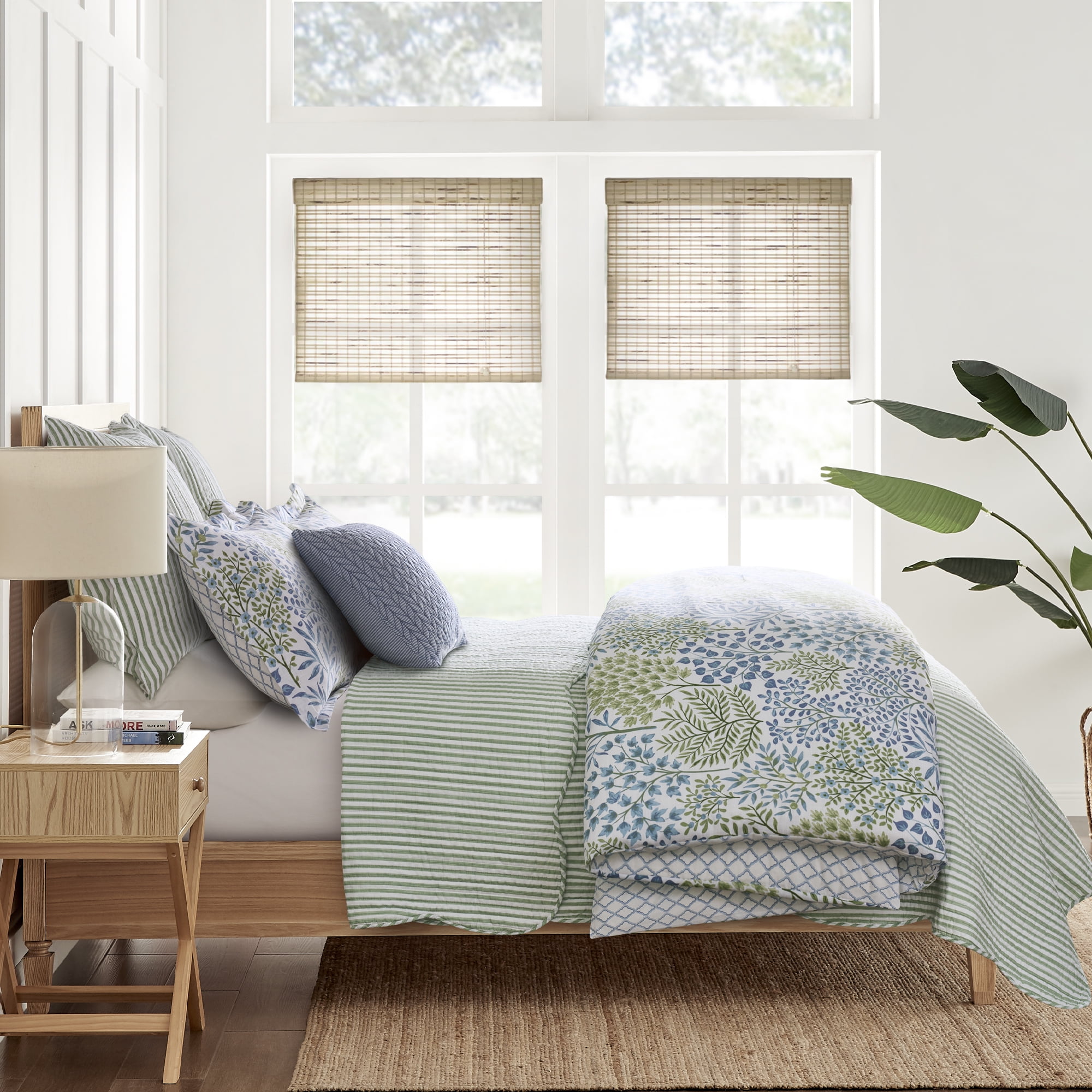 Levtex Home Martha Stripe Sage Reversible Twin XL / Twin Quilt Set (68x86in) with 1 Pillow Sham (26x20in) - Stripe Bedding - Sage, White - Cotton Twin Size Quilt Bedding Set - Scalloped Edge