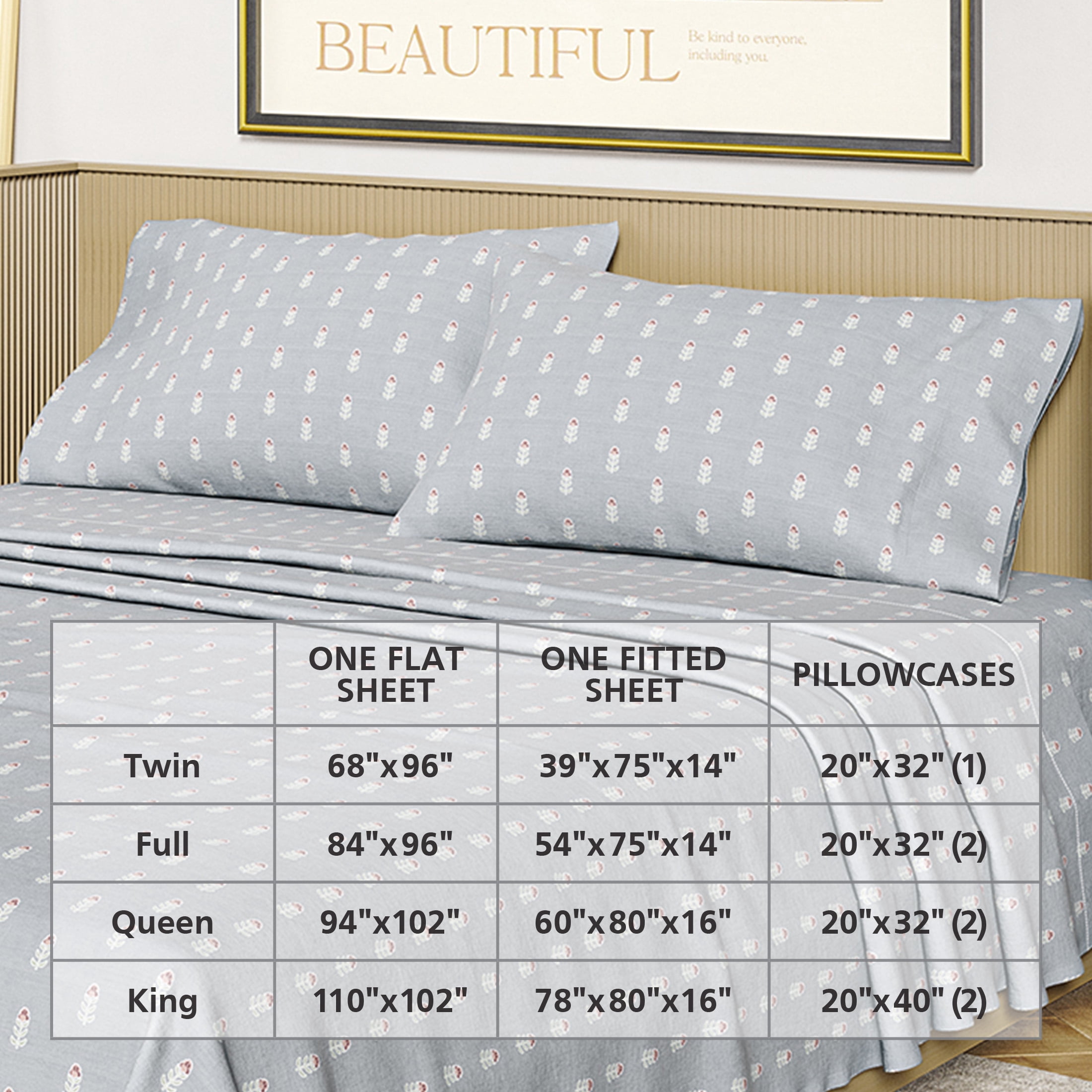 Beautiful Signature Floral 4-Piece 100% Cotton Percale Dawn Blue Sheet Set, Queen by Drew Barrymore