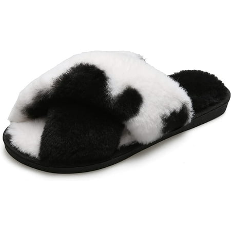 

PIKADINGNIS Women s Tie-dye Leopard Print Cross Band Soft Plush Fleece House Indoor or Outdoor Slippers