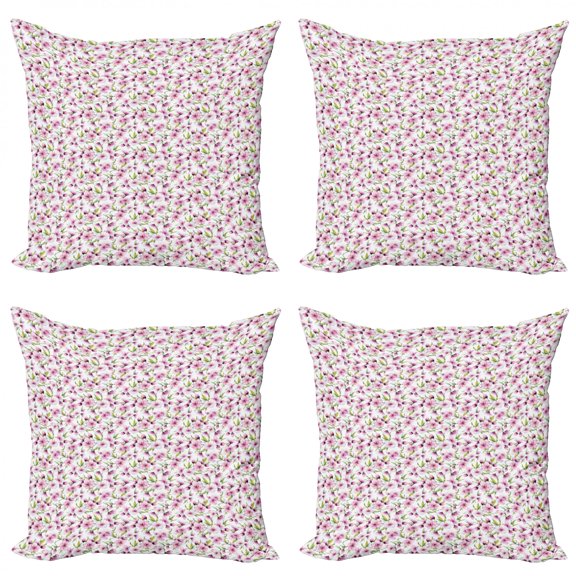 Ambesonne Spring Throw Pillow Cover 4 Pack, Aquarelle Style Flowers, 24", Pale Pink White